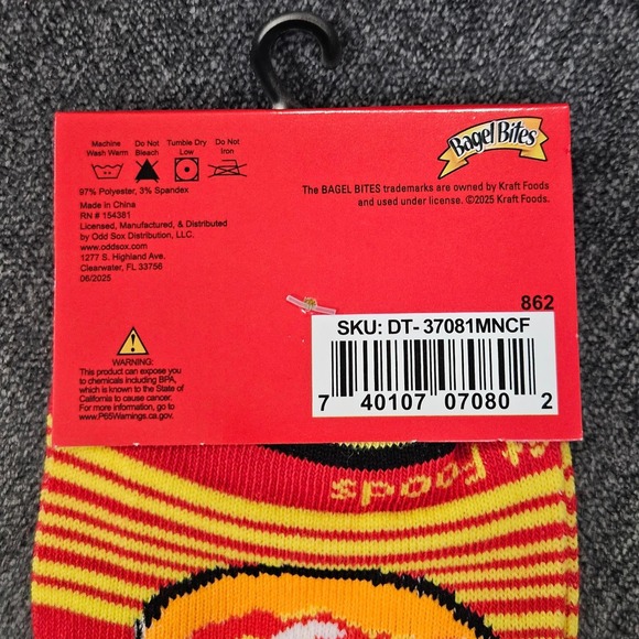 Bagel‎ Bites Crew Socks Fits Mens Shoe Size 6-12 Red Yellow Pizza Pattern - Picture 4 of 4
